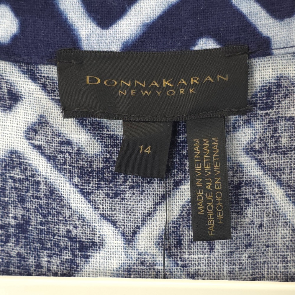 Donna Karan New York Linen Blend Shirt Dress 14 Blue Abstract NWT Coastal Chic - Picture 9 of 13